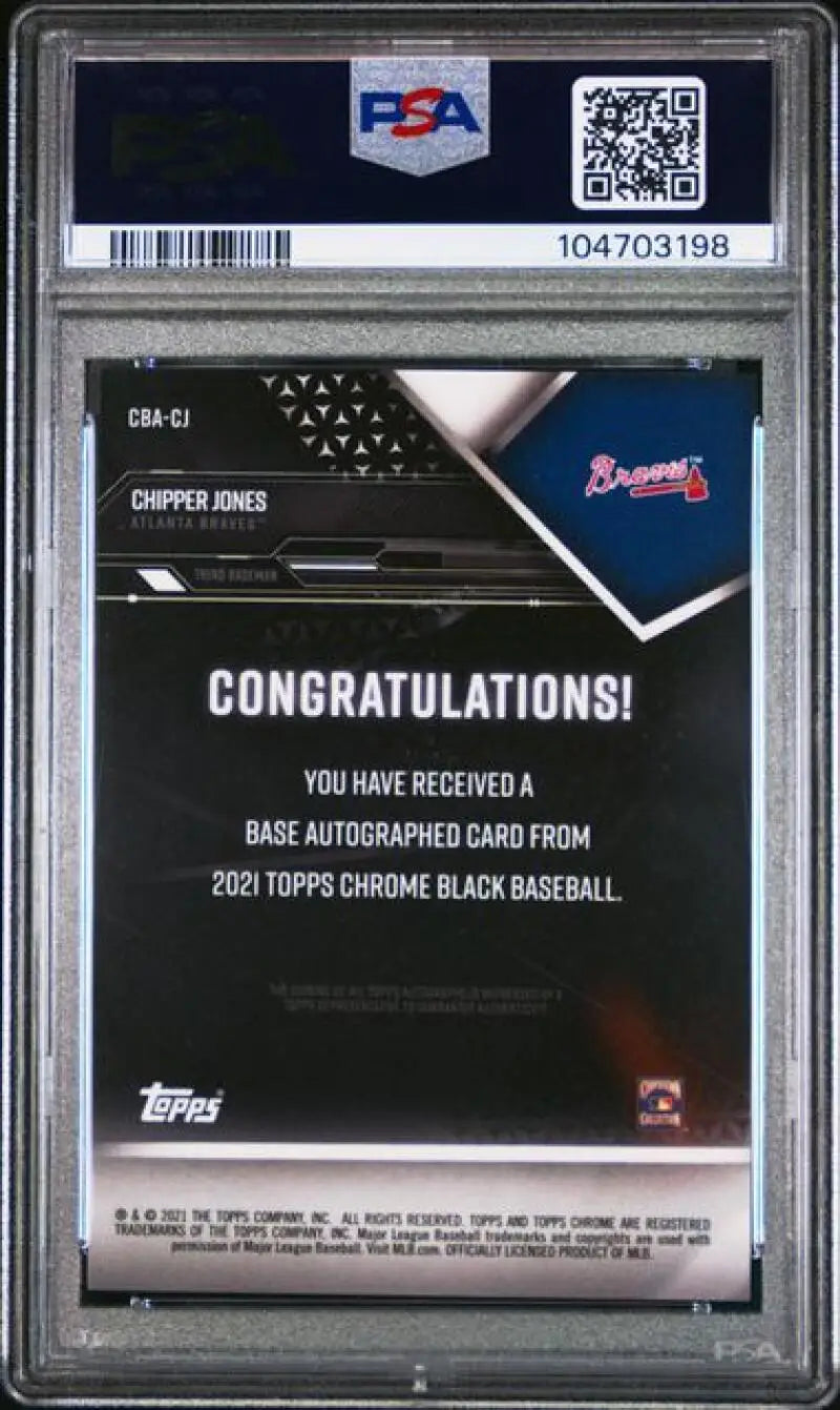 Graded Chipper Jones baseball card, 2021 Topps Chrome Black PSA 10 GEM MINT, Atlanta Braves