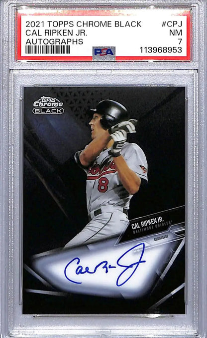 Autographed Cal Ripken Jr. baseball card from 2021 Topps Chrome Black, PSA 7 NM Auto