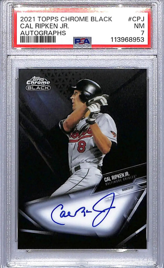 Autographed Cal Ripken Jr. baseball card from 2021 Topps Chrome Black, PSA 7 NM Auto