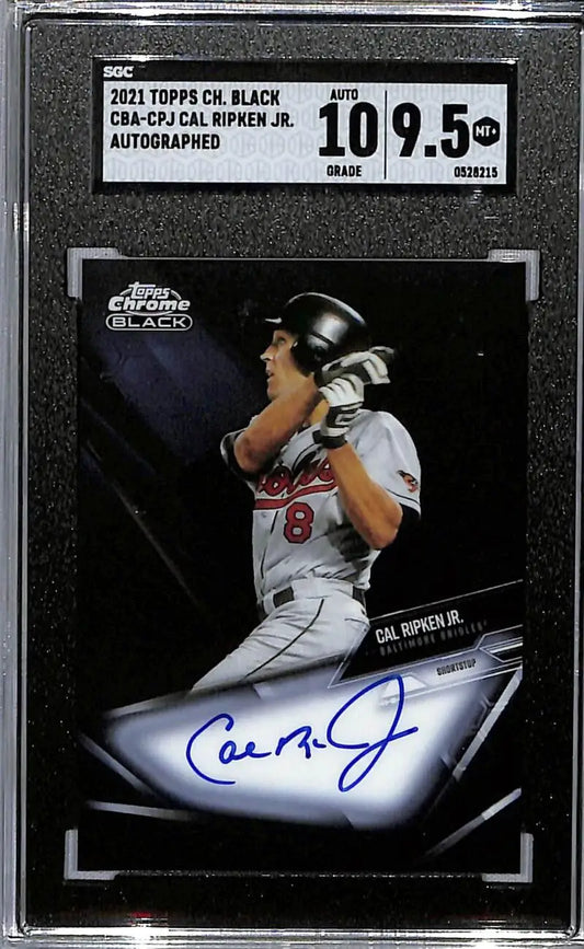 Cal Ripken Jr. autographed action shot on a 2021 Topps Chrome Black baseball card