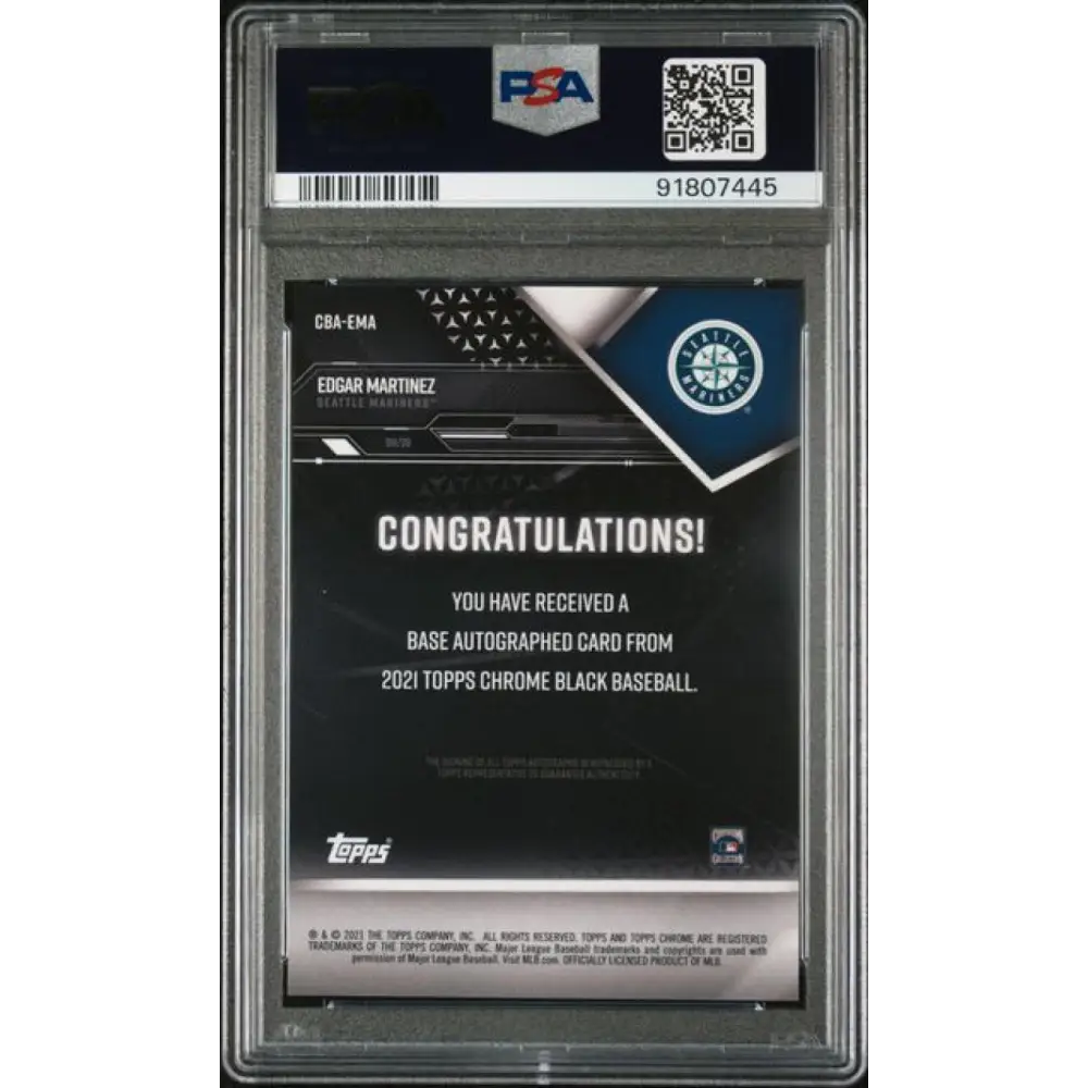 2021 Topps Chrome Black #CBA-EMA Edgar Martinez PSA 10 GEM MINT Auto Seattle Mariners Baseball Card Image 2
