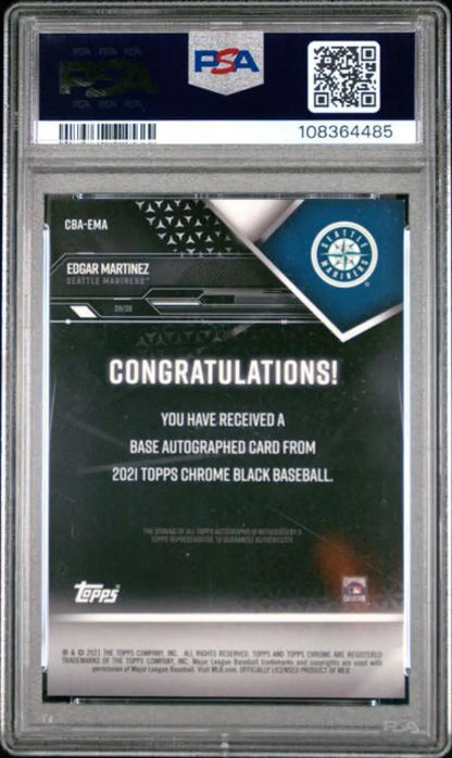 Graded Edgar Martinez autographed baseball card from 2021 Topps Chrome Black series