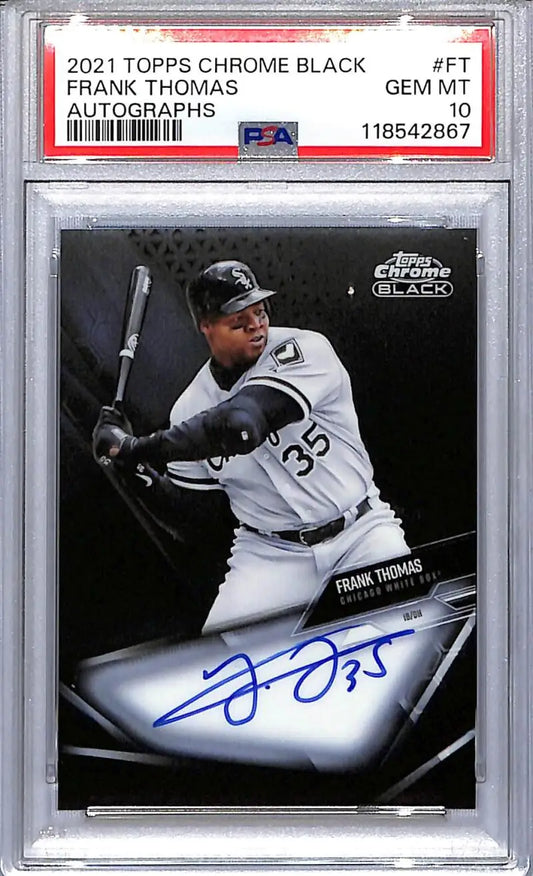 PSA-graded Frank Thomas baseball card from Topps Chrome Black featuring White Sox auto