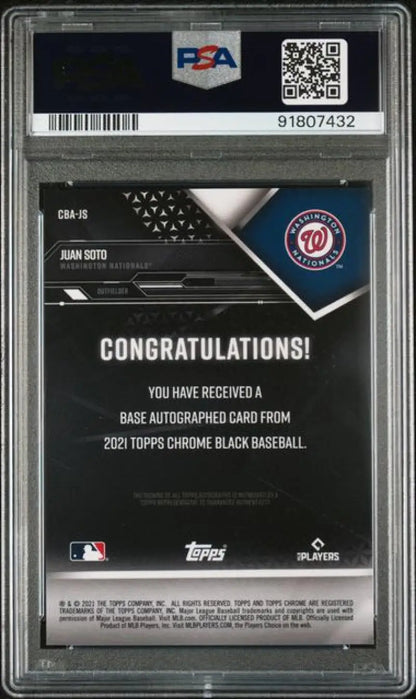 Back side of PSA-graded Juan Soto GEM MINT baseball card with autograph congratulations