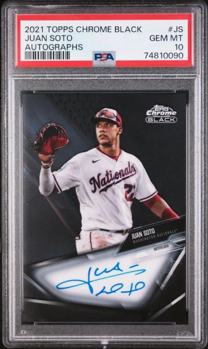 PSA 10 GEM MINT Juan Soto Autographed 2021 Topps Chrome Black Baseball Card