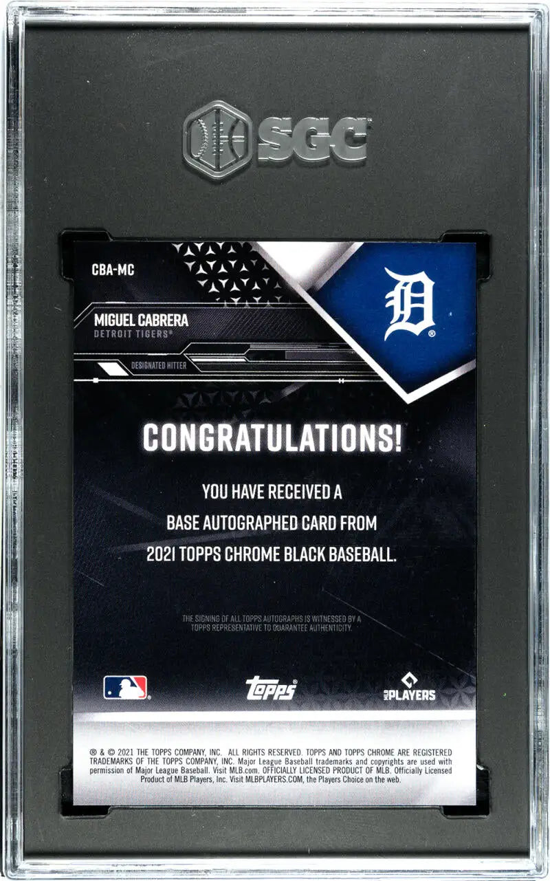 Baseball card holder with Detroit Tigers Miguel Cabrera Topps Chrome Black autographed insert