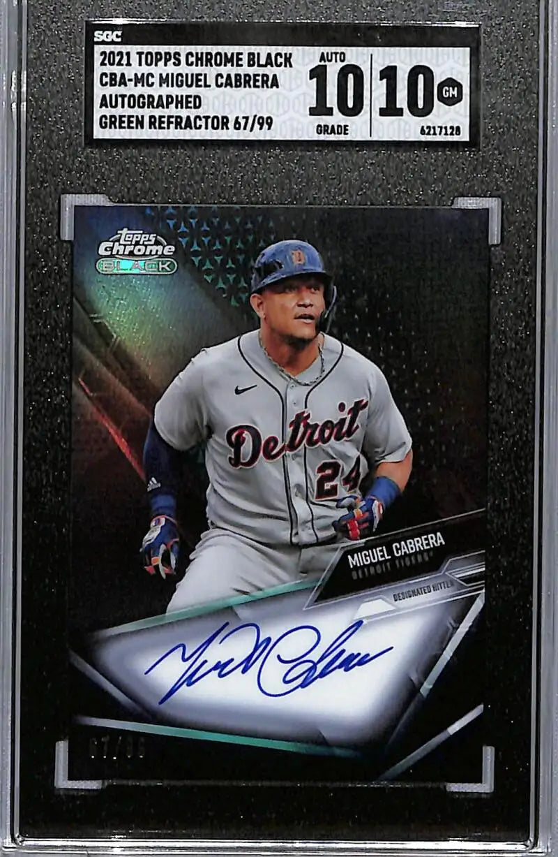 Signed Miguel Cabrera Topps Chrome Black baseball card in gray uniform number 24