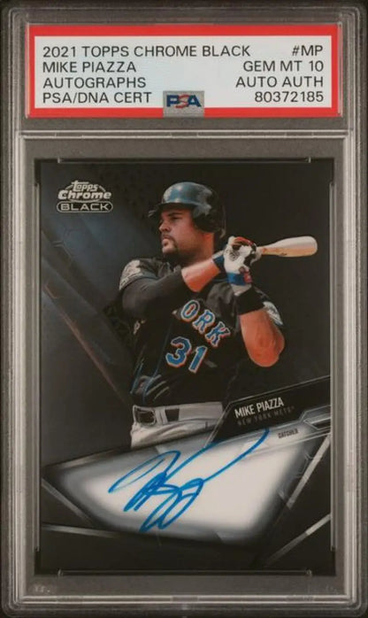 PSA 10 Gem Mint Mike Piazza autographed Topps Chrome Black baseball card for New York Mets
