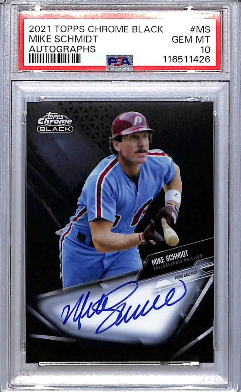 Graded 2021 Topps Chrome Black Mike Schmidt autographed baseball card PSA 10