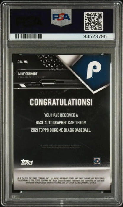 Back of 2021 Topps Chrome Black Mike Schmidt Baseball Card with Redemption Message