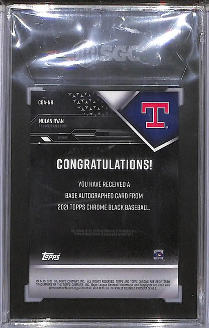 Encased Nolan Ryan autographed baseball card from 2021 Topps Chrome Black featuring Nolan Ryan