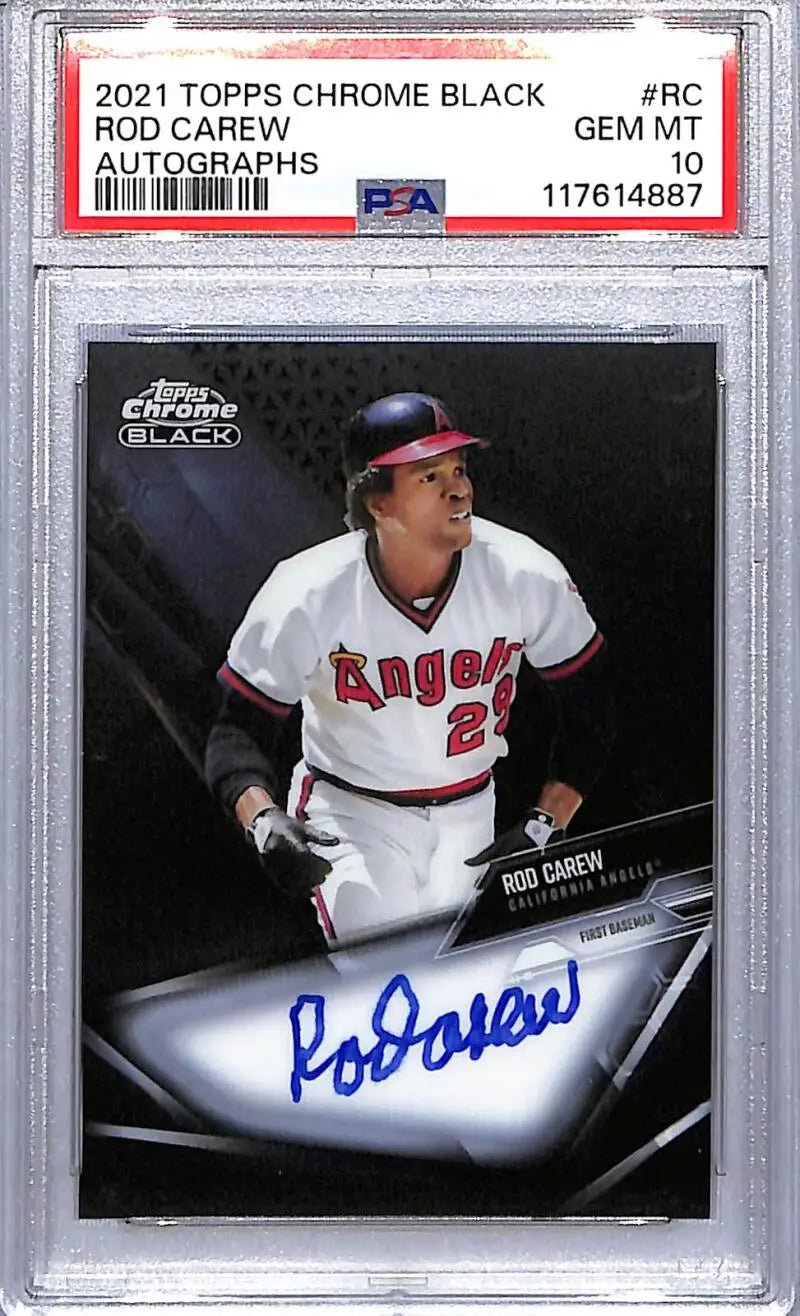 Rod Carew autographed baseball card from 2021 Topps Chrome Black California Angels Gem Mint PSA 10