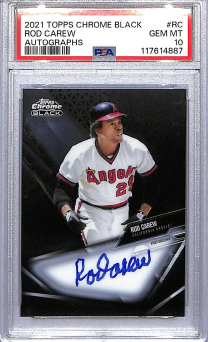 Rod Carew autographed baseball card from 2021 Topps Chrome Black California Angels Gem Mint PSA 10