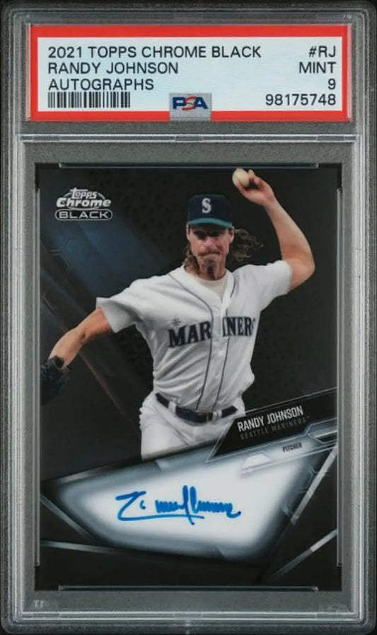PSA 9 MINT Randy Johnson Topps Chrome Black baseball card Seattle Mariners mid-throw