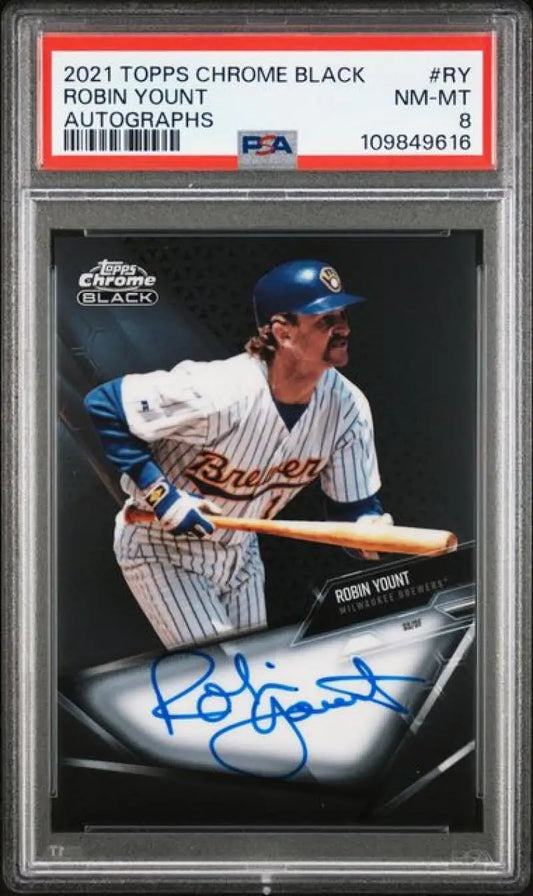 Autographed Robin Yount Milwaukee Brewers baseball card from 2021 Topps Chrome Black