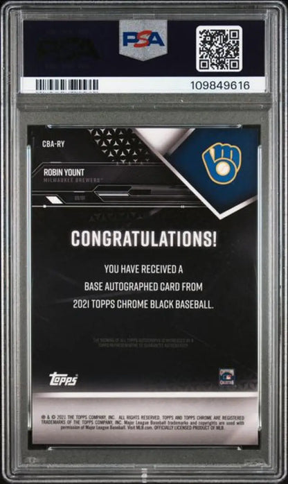 Graded Robin Yount Milwaukee Brewers baseball card from 2021 Topps Chrome Black series