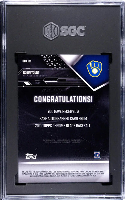 SGC-graded 2021 Topps Chrome Black Robin Yount Baseball Card with Brewers message