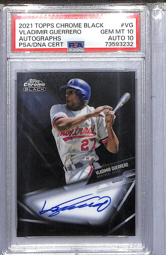 Graded Vladimir Guerrero baseball card from Topps Chrome Black 2021 with PSA 10 GEM MINT