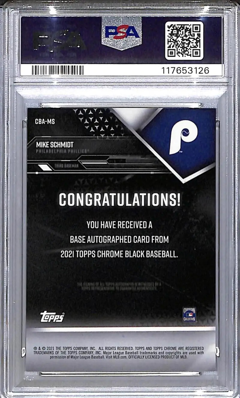Graded Mike Schmidt baseball trading card from 2021 Topps Chrome Black Green series