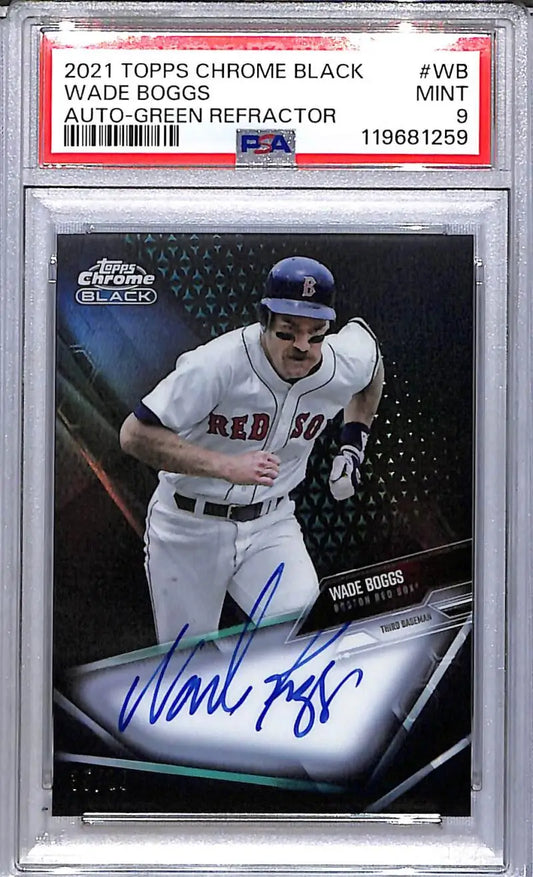 Graded 2021 Topps Chrome Black Wade Boggs auto-green refractor baseball card featuring Boston Red Sox