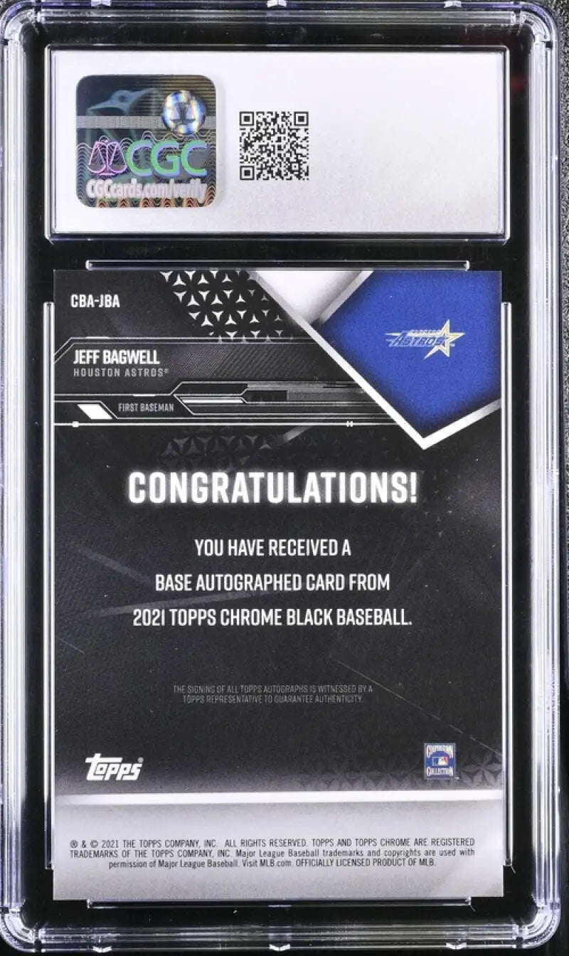 Back side of 2021 Topps Chrome Black Jeff Bagwell baseball card with autograph message
