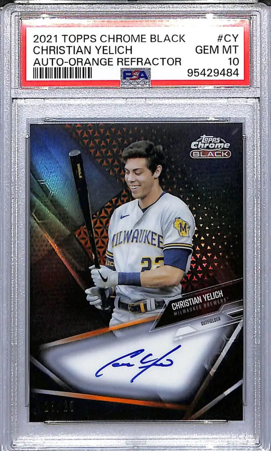 Christian Yelich 2021 Topps Chrome Black Orange auto refractor baseball card in PSA 10