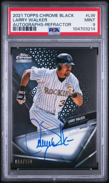 Graded Larry Walker autographed Topps Chrome Black baseball card PSA 9 Mint 14/150