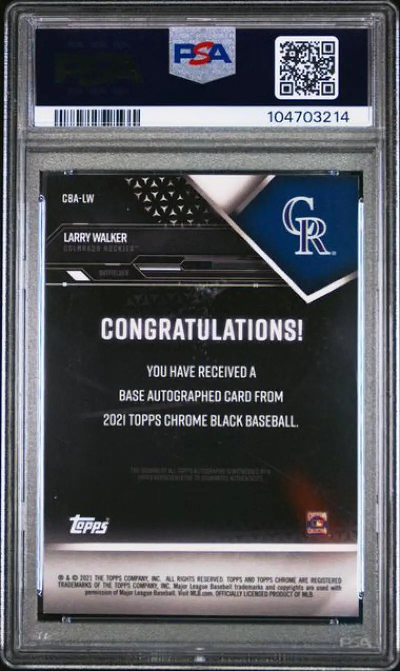 Graded Larry Walker autographed Topps Chrome Black baseball card PSA 9 MINT 14/150