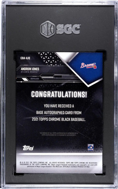 SGC-graded 2021 Topps Chrome Black Refractor Andruw Jones Atlanta Braves card congratulating autographed win