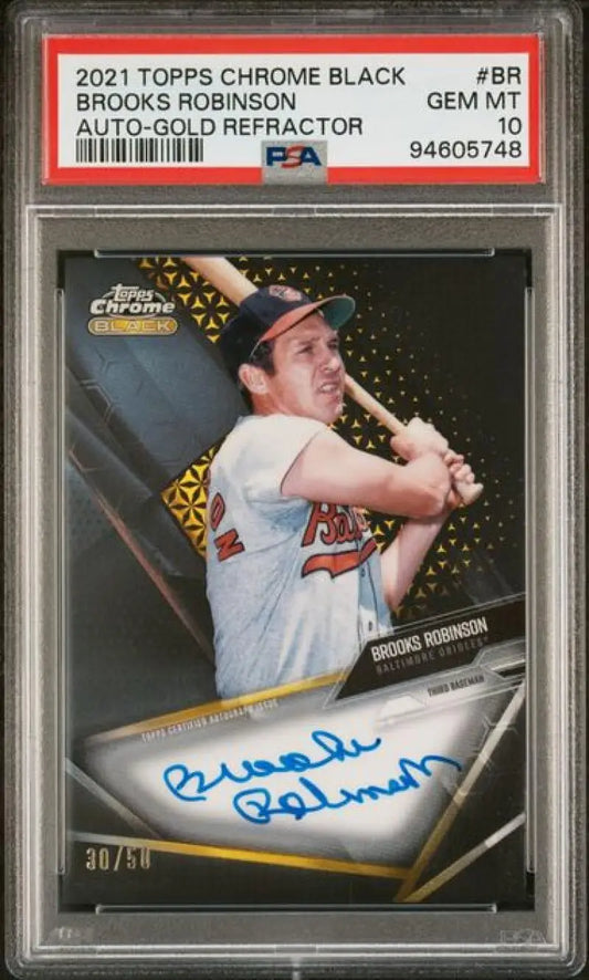 PSA-graded 2021 Topps Chrome Black Brooks Robinson Gem Mint Autographed Baseball Card