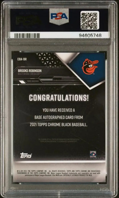 PSA-graded 2020 Topps Chrome Black autographed Brooks Robinson GEM MINT baseball card back