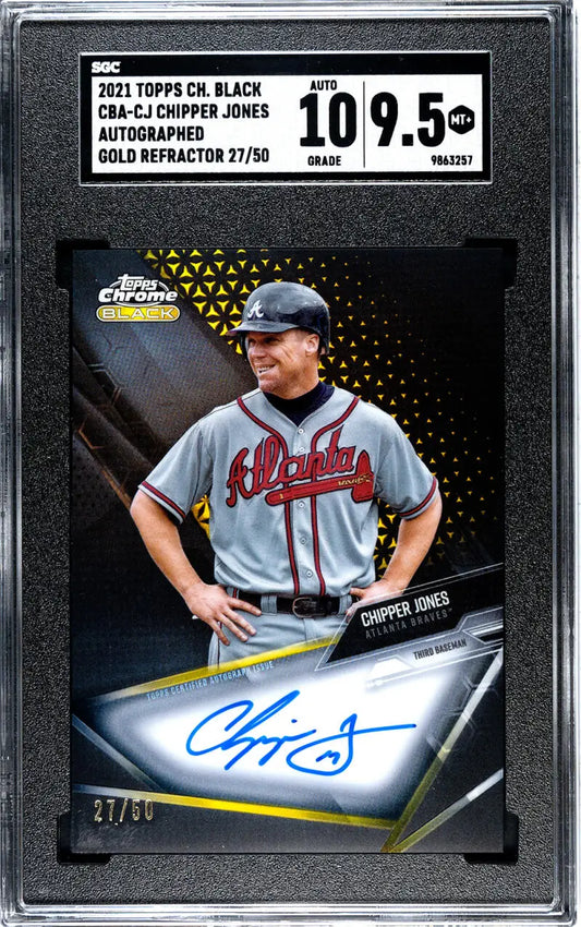 Graded Chipper Jones Atlanta Braves baseball card in gray uniform with autograph