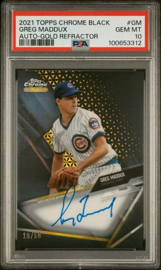 PSA 10 Greg Maddux autographed 2021 Topps Chrome Black Refractor Gold baseball card