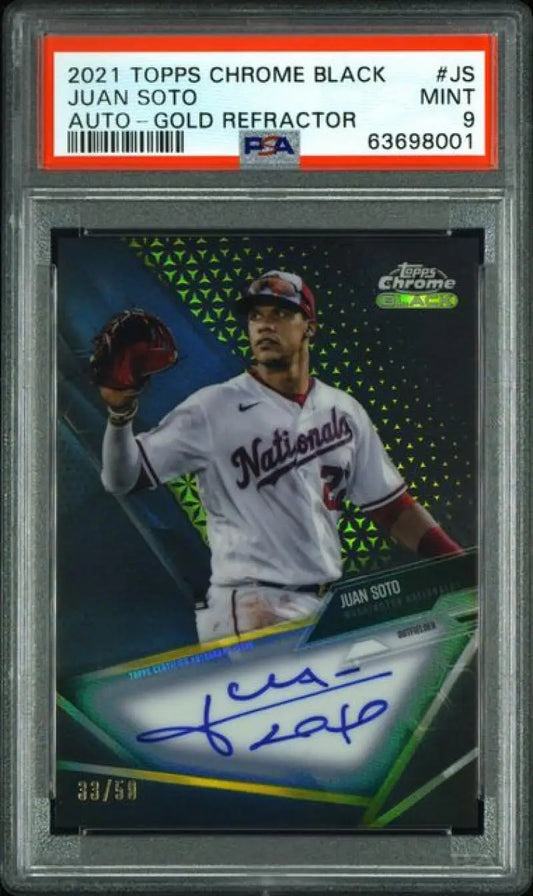 PSA-graded 2021 Topps Chrome Black Juan Soto autographed baseball card in white uniform