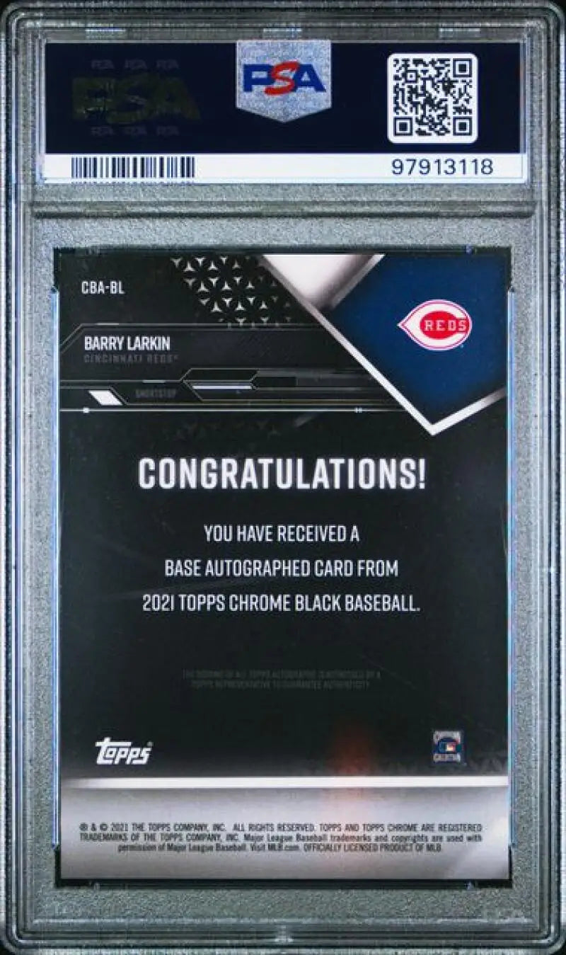 PSA-graded 2021 Topps Chrome Black Barry Larkin Auto 58/99 Cincinnati Reds GEM MINT card