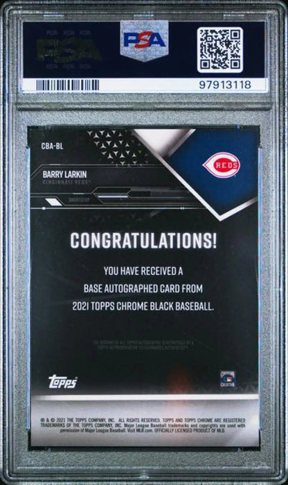 PSA-graded 2021 Topps Chrome Black Barry Larkin Auto 58/99 Cincinnati Reds GEM MINT card