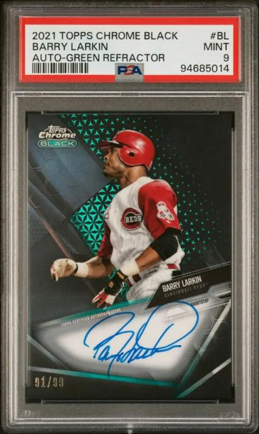 PSA-graded 2021 Topps Chrome Black Barry Larkin auto baseball card for Cincinnati Reds