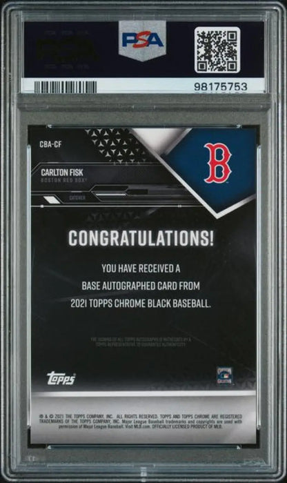 Back side of a PSA-graded 2022 Topps Chrome Black Refractor Green Carlton Fisk card