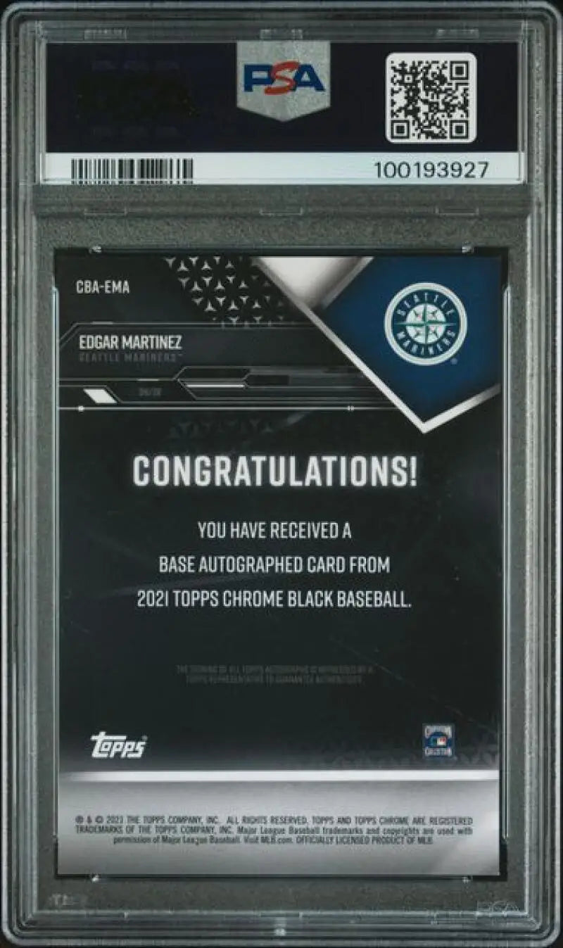 PSA-graded 2021 Topps Chrome Black Edgar Martinez baseball card back with Congratulations text