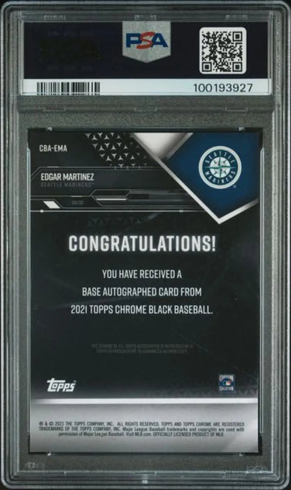PSA-graded 2021 Topps Chrome Black Edgar Martinez baseball card back with Congratulations text