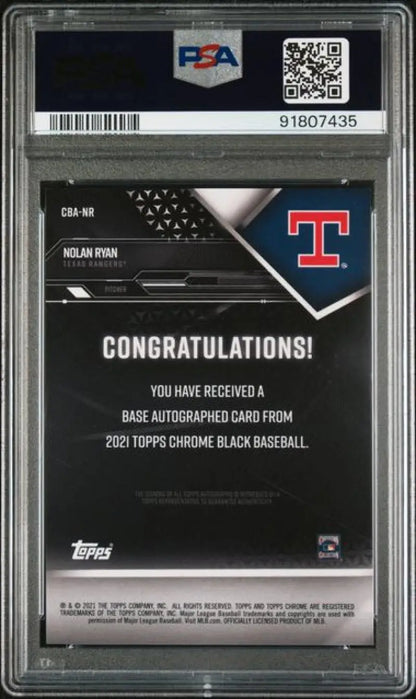PSA-graded redemption notice for 2021 Topps Chrome Black Nolan Ryan Texas Rangers GEM MINT