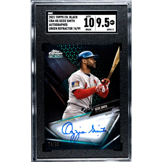 2021 Topps Chrome Black Refractor Green #CBA-OS Ozzie Smith SGC 9.5 MINT+ Auto 74/99 St. Louis Cardinals Baseball Card