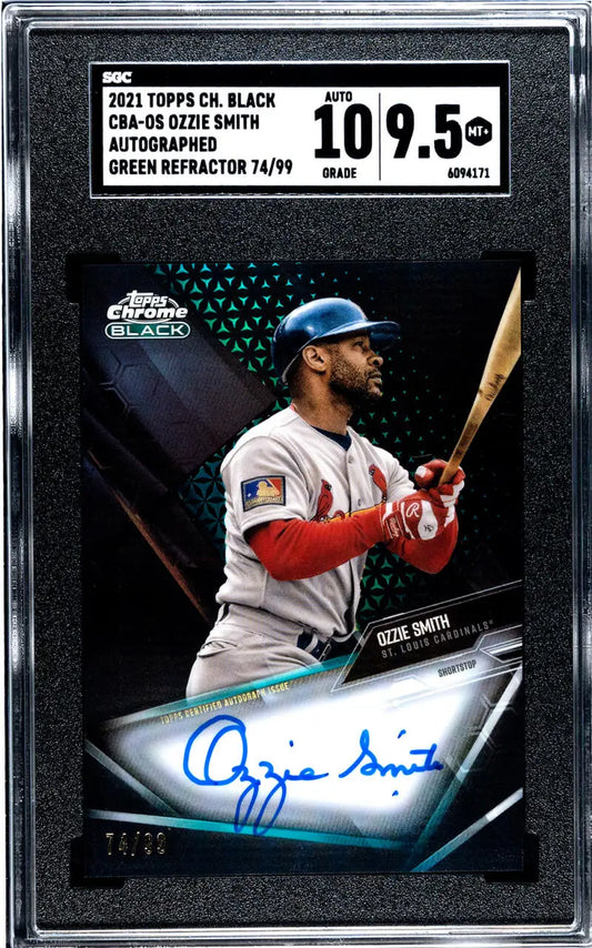 Ozzie Smith Topps Chrome Black baseball card with autograph, graded SGC 9.5 MINT+