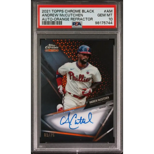 2021 Topps Chrome Black Refractor Orange #CBA-AM Andrew McCutchen PSA 10 GEM MINT Auto 9/25 Philadelphia Phillies Baseball Card
