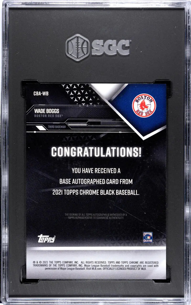 Back of 2021 Topps Chrome Black Wade Boggs card with congratulatory autographed text