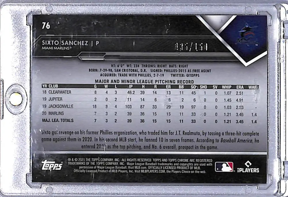 Sixto Sanchez 2021 Topps Chrome Black Refractor Purple baseball card NM-MT RC 035/150