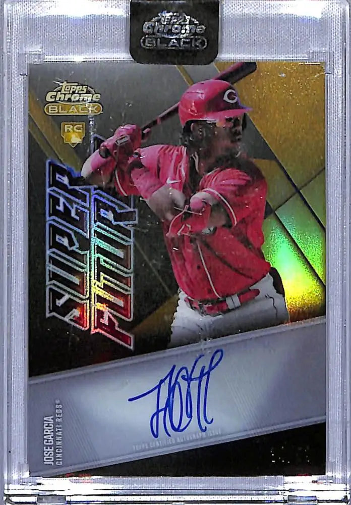 Jose Garcia autographed baseball card from 2021 Topps Chrome Black Refractors Gold series
