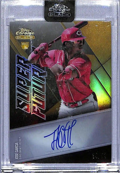 Jose Garcia autographed baseball card from 2021 Topps Chrome Black Refractors Gold series