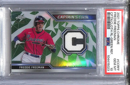 Graded Freddie Freeman baseball card Gem Mint 10 Captain’s Cloth Green 44/99 Atlanta Braves