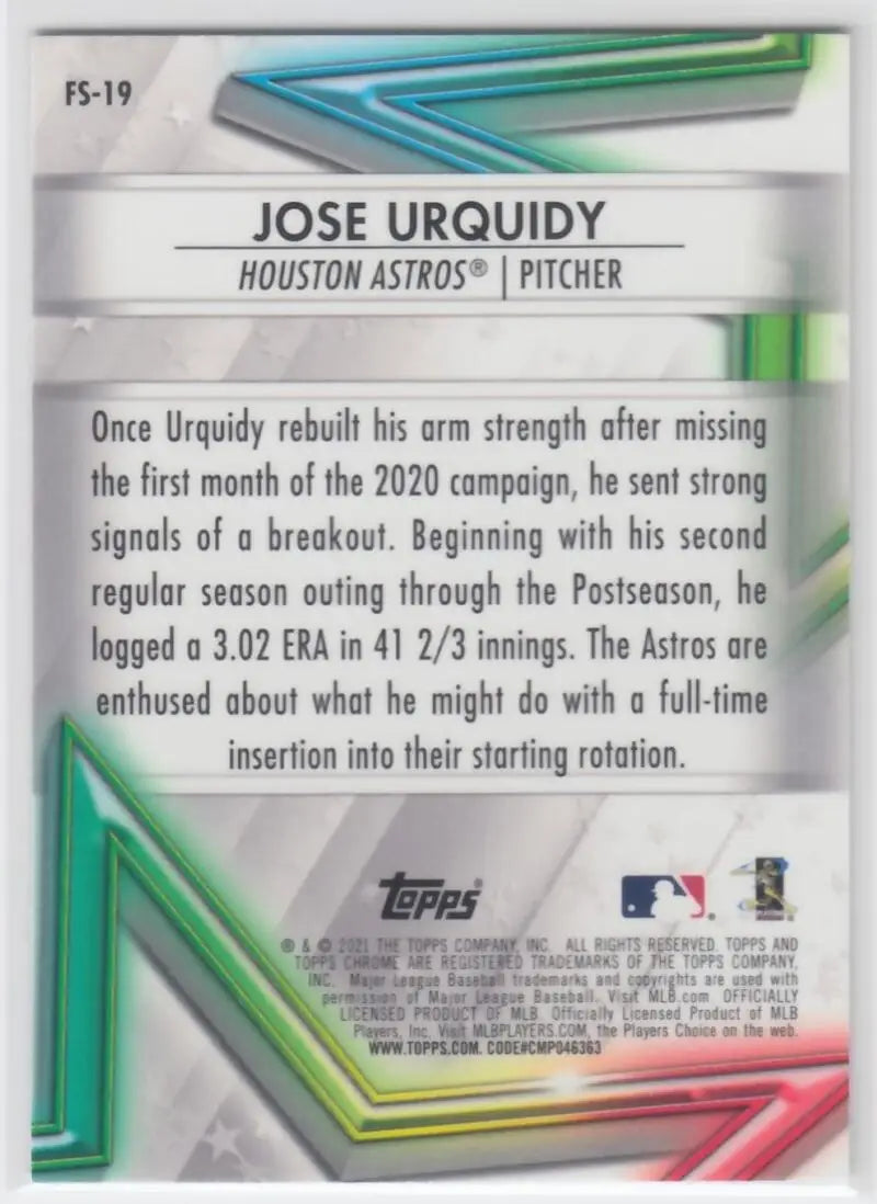 Baseball card showing Jose Urquidy performance stats for Houston Astros Future Stars